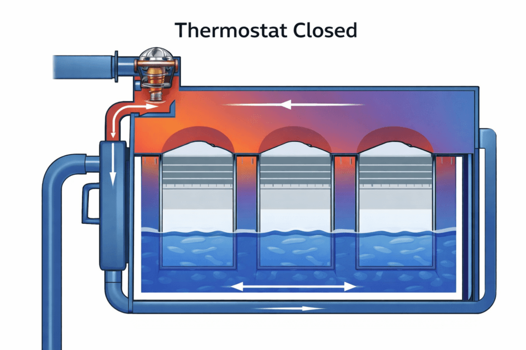 thermostat stuck closed symptoms diagram showing blocked coolant flow and engine overheating