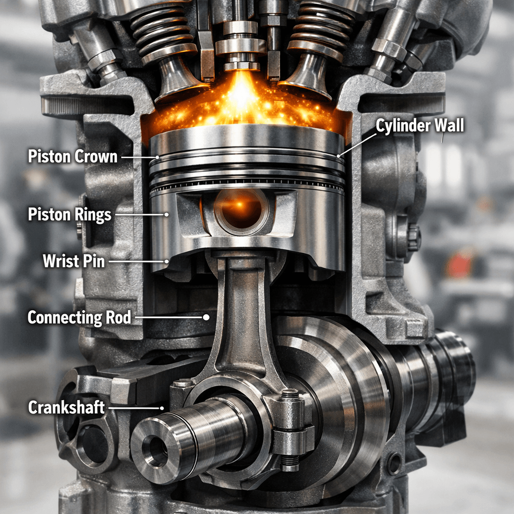 Realistic cutaway engine diagram showing piston inside cylinder with labeled parts including piston rings connecting rod and crankshaft