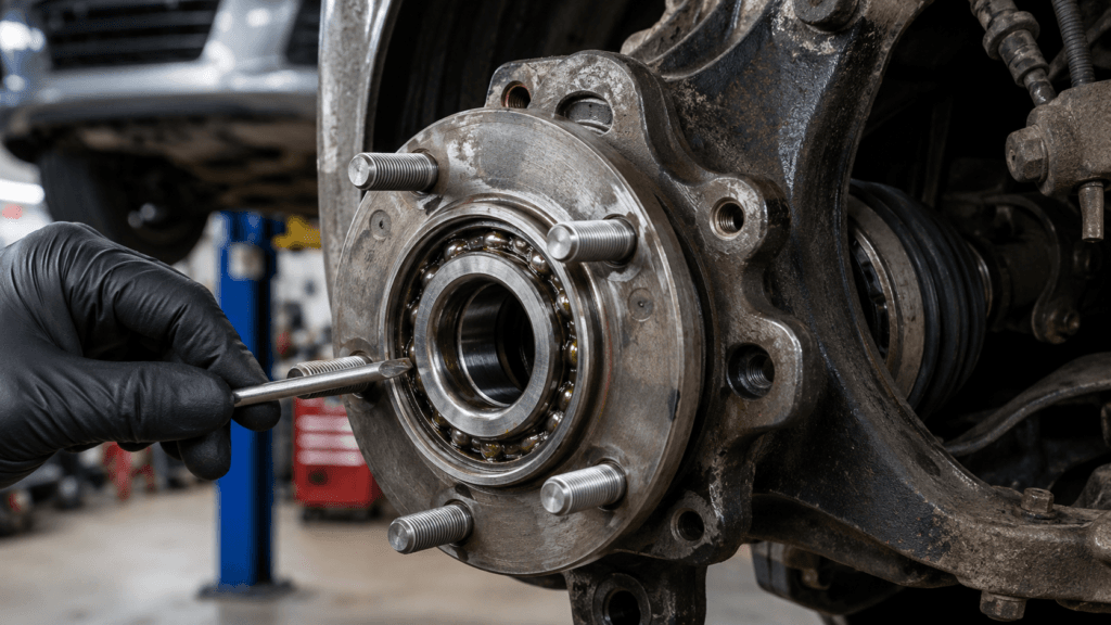 Mechanic inspecting a car wheel hub for bad wheel bearing symptoms