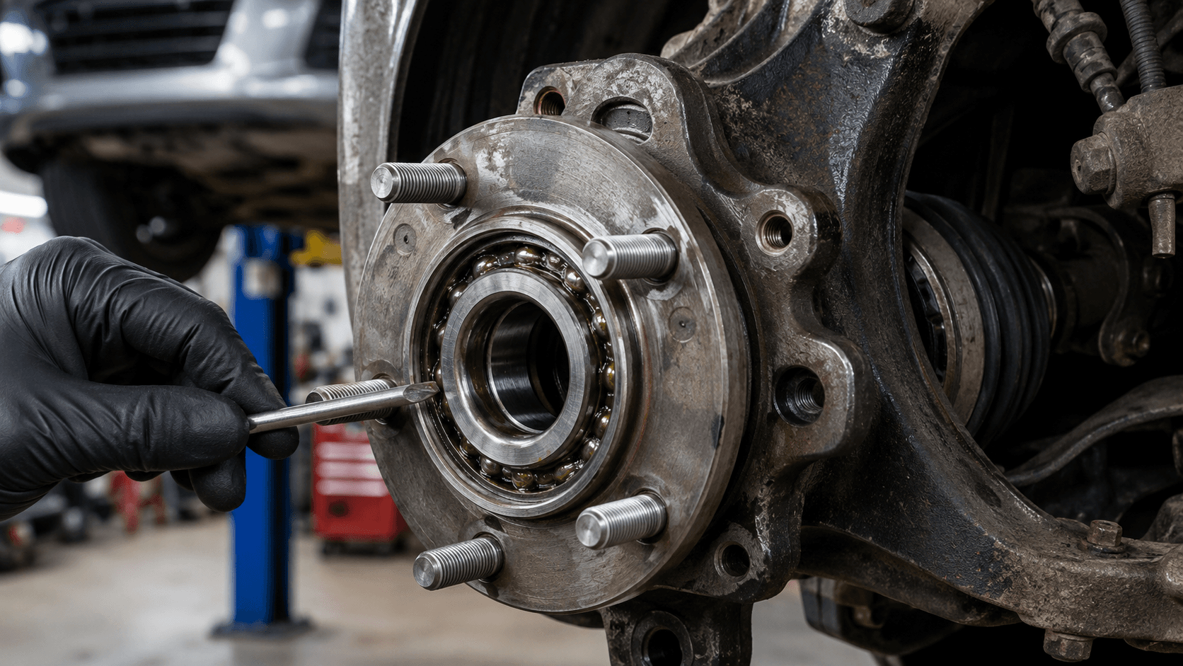 Mechanic inspecting a car wheel hub for bad wheel bearing symptoms