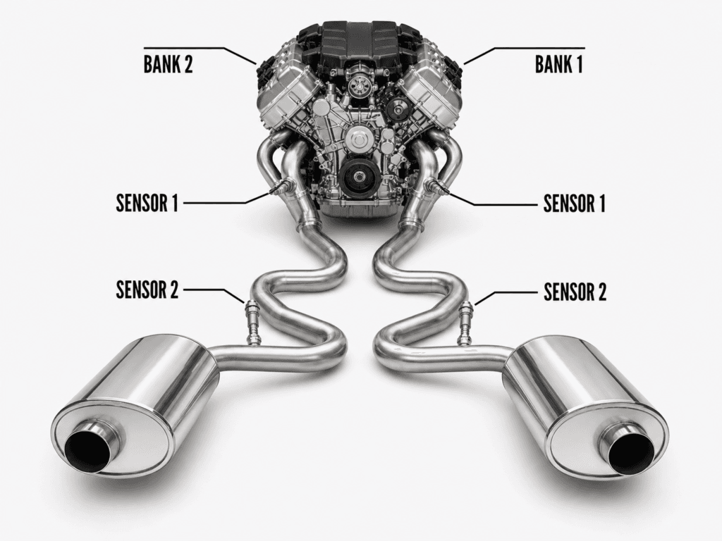 Bank 1 vs Bank 2 O2 sensor location diagram showing Sensor 1 and Sensor 2 positions on a V engine exhaust system
