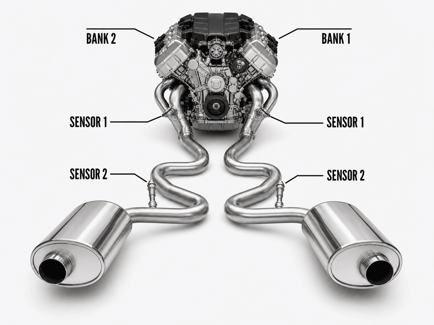 Bank 1 vs Bank 2 O2 sensor location diagram showing Sensor 1 and Sensor 2 positions on a V engine exhaust system
