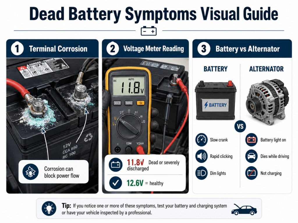 Battery Dead symptoms visual guide showing terminal corrosion, low voltage reading, and battery vs alternator signs