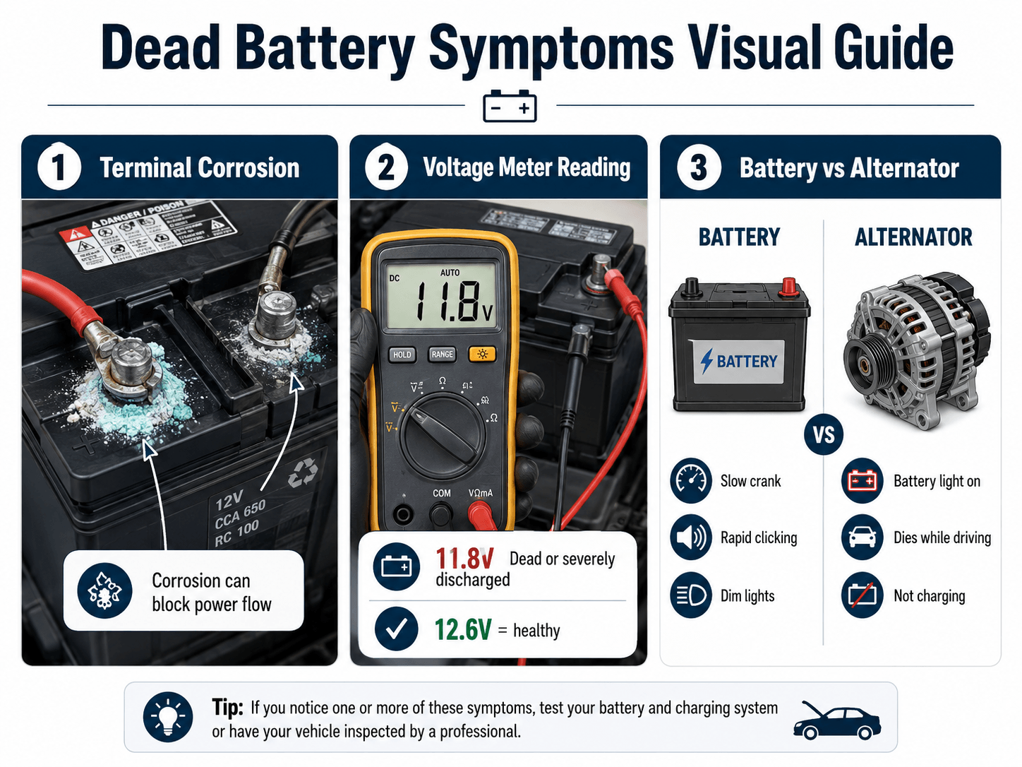 Dead car battery symptoms visual guide showing terminal corrosion, low voltage reading, and battery vs alternator signs