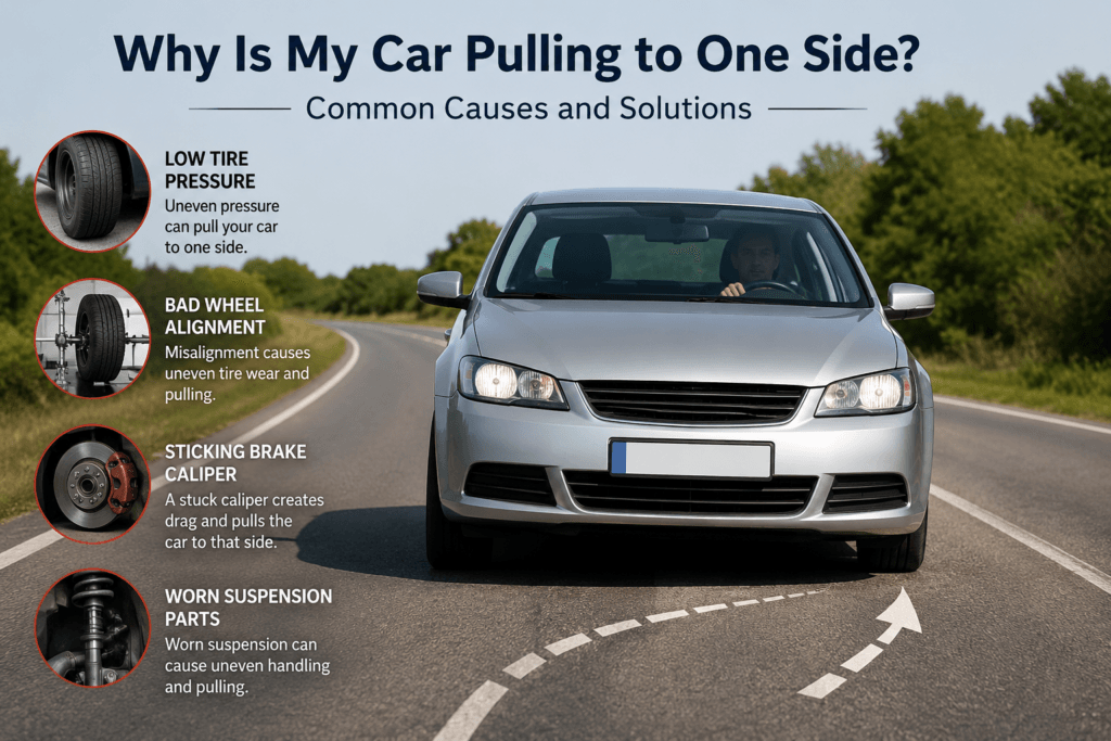 Car pulling to one side causes including low tire pressure, bad wheel alignment, sticking brake caliper and worn suspension parts