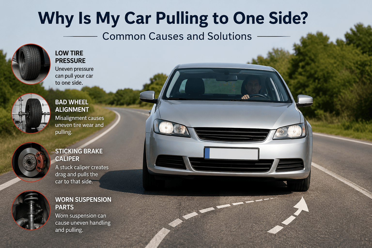 Car pulling to one side causes including low tire pressure, bad wheel alignment, sticking brake caliper and worn suspension parts