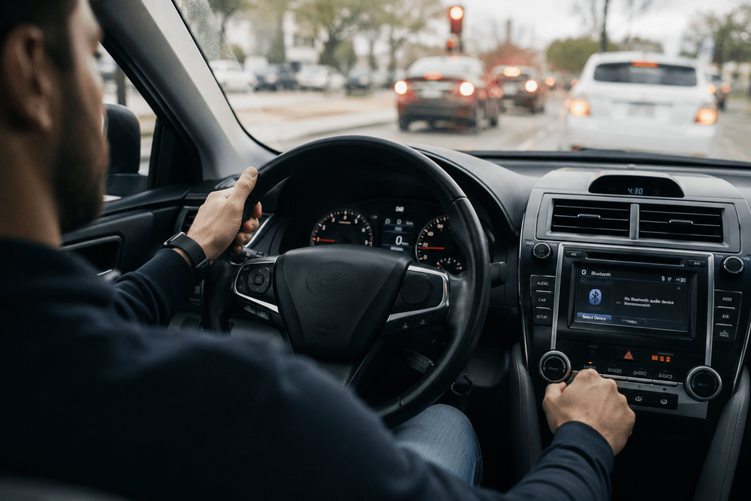 Driver holding the steering wheel while a car shakes at idle in traffic, showing rough idle vibration inside the cabin.