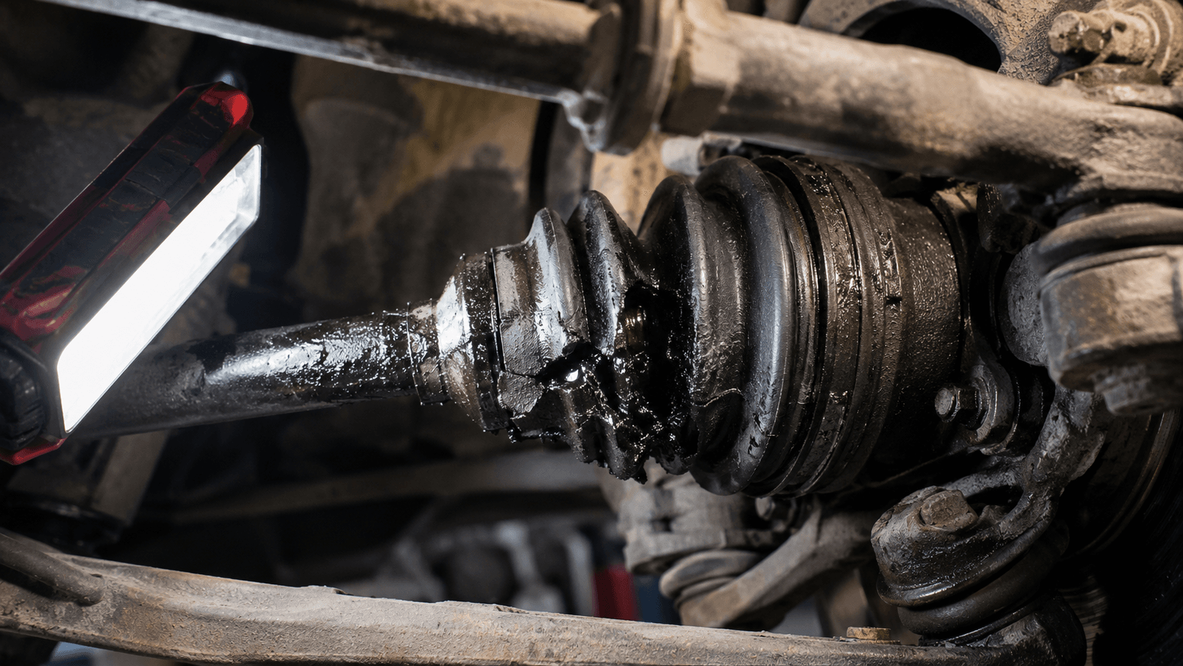 closeup view of damaged cv joint noise when driving straight
