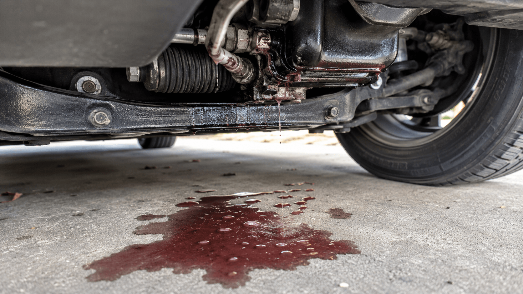 Power steering fluid leak under the front of a car with reddish oily fluid on concrete