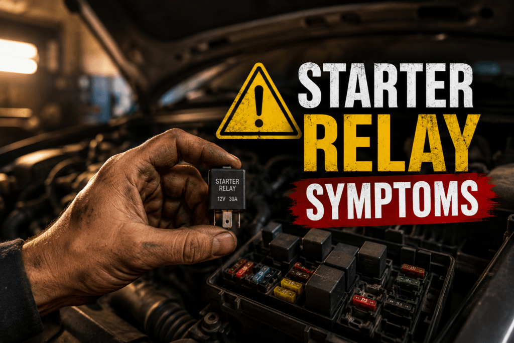Mechanic holding a starter relay removed from car fuse box showing starter relay symptoms