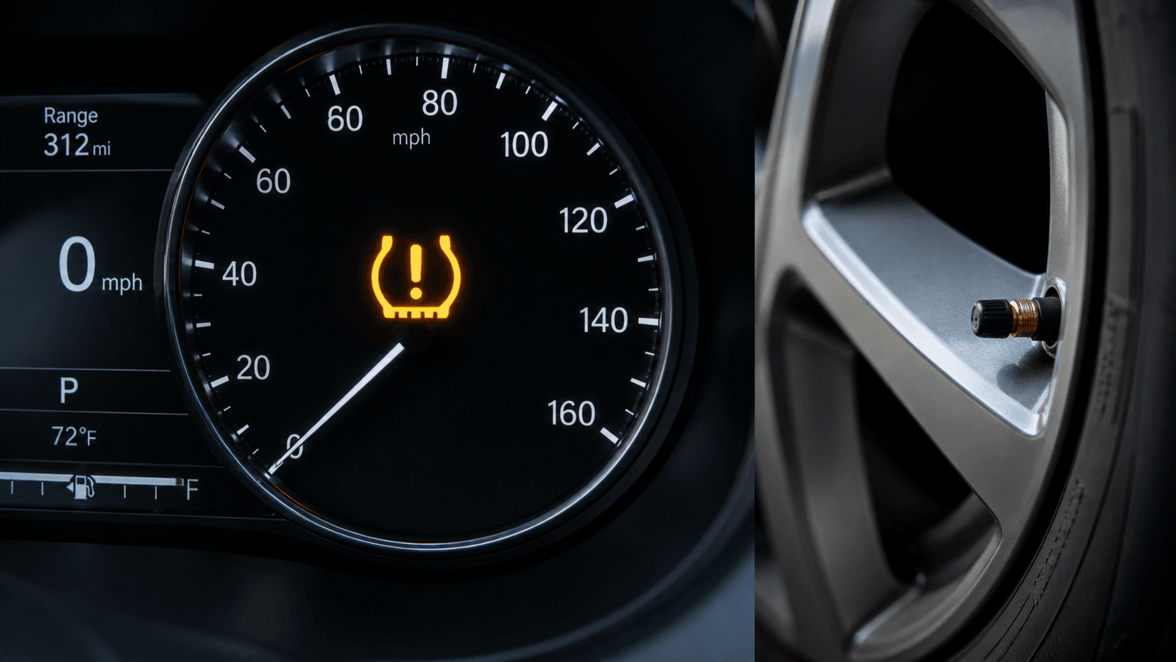 Tire pressure sensor fault warning light on car dashboard with tire valve stem close-up