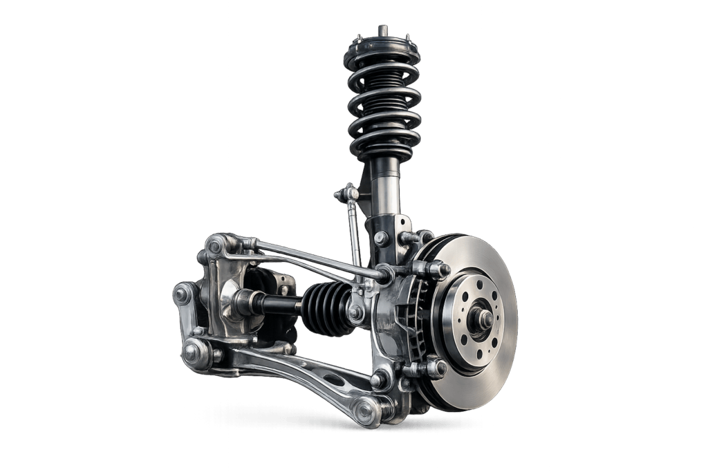Car suspension system showing MacPherson strut, coil spring, control arms, CV axle and brake disc