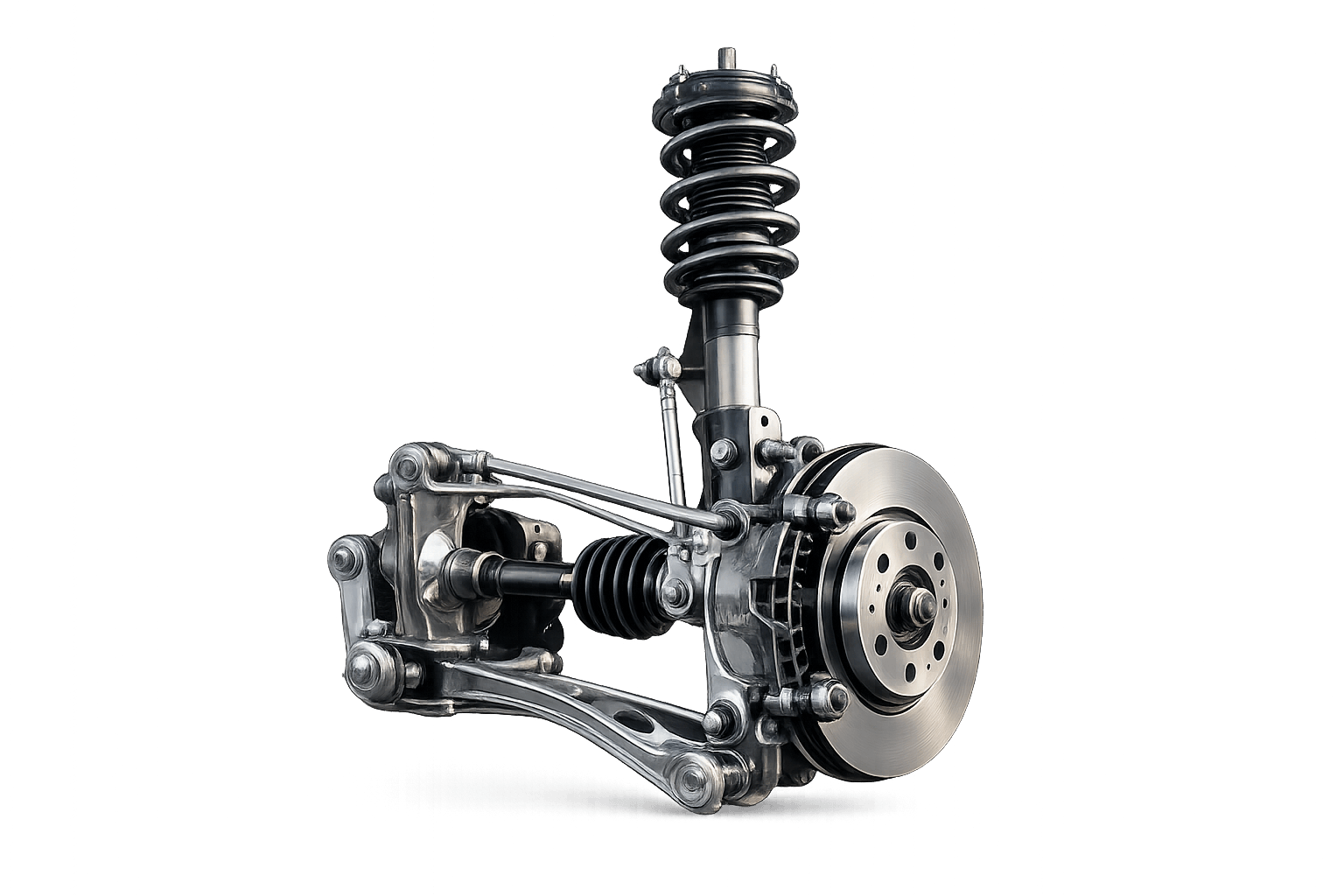 Car suspension system showing MacPherson strut, coil spring, control arms, CV axle and brake disc