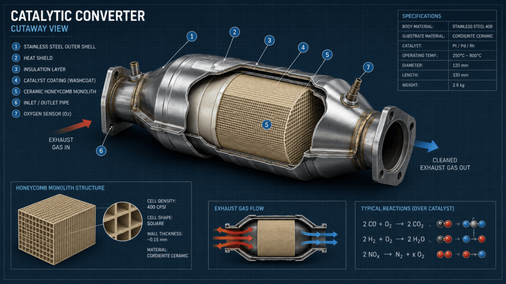 Cutaway diagram of an automotive showing  symptoms of bad catalytic converter