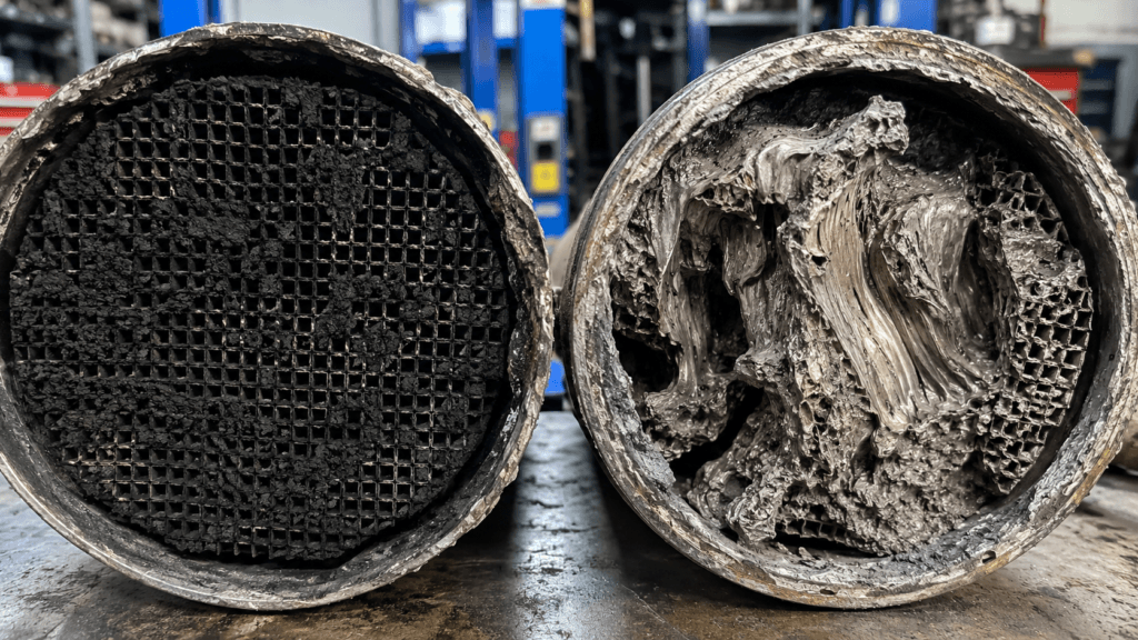 Side-by-side comparison of a carbon-clogged catalytic converter honeycomb and a severely melted ceramic core