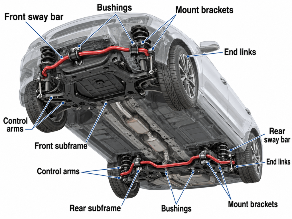 Front and rear sway bar locations underneath a passenger car
