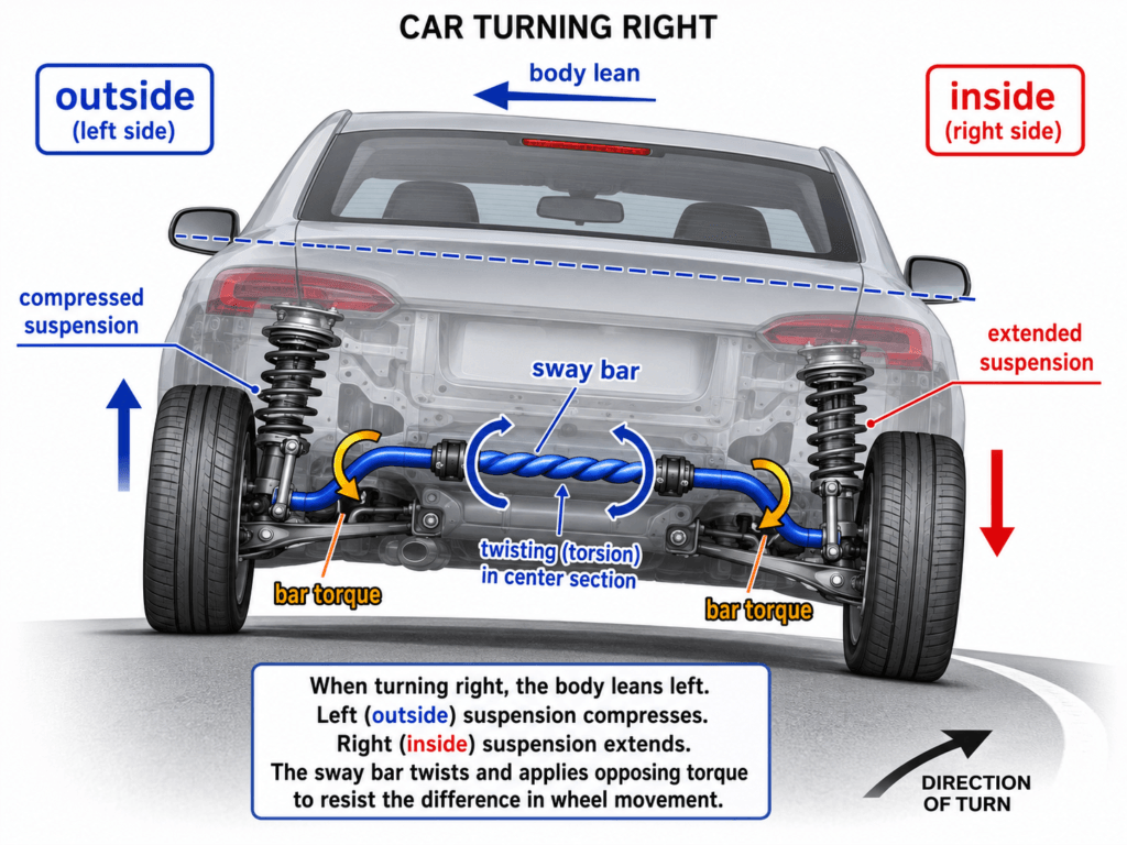 Sway bar operation during a right-hand corner showing body roll and suspension movement