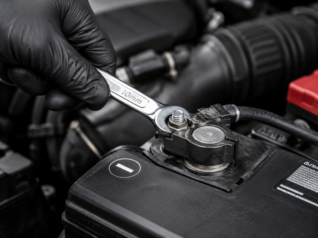 How to safely disconnect a car battery negative terminal using a 10mm wrench