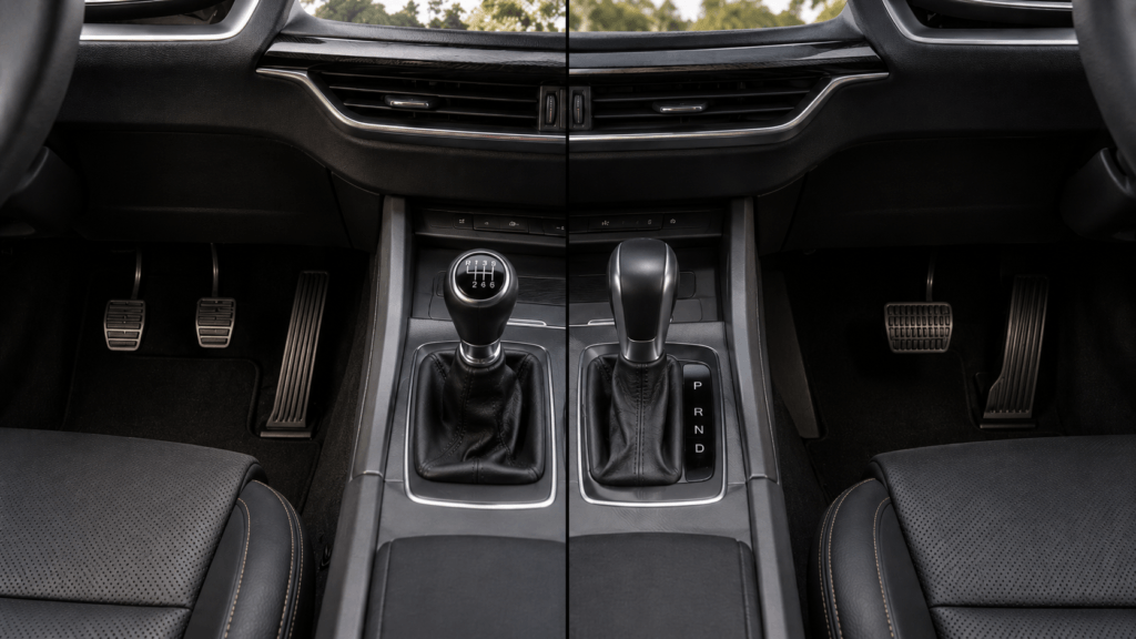 Manual vs automatic transmission comparison showing gear shifters and pedal layouts