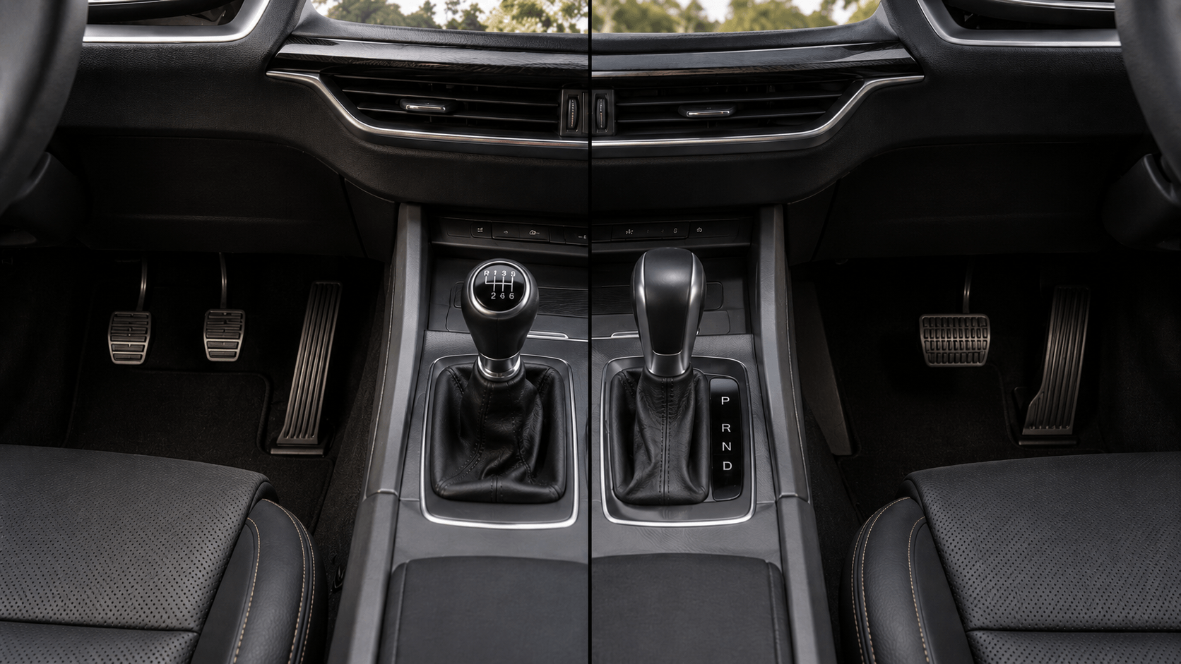 Manual vs automatic transmission comparison showing gear shifters and pedal layouts