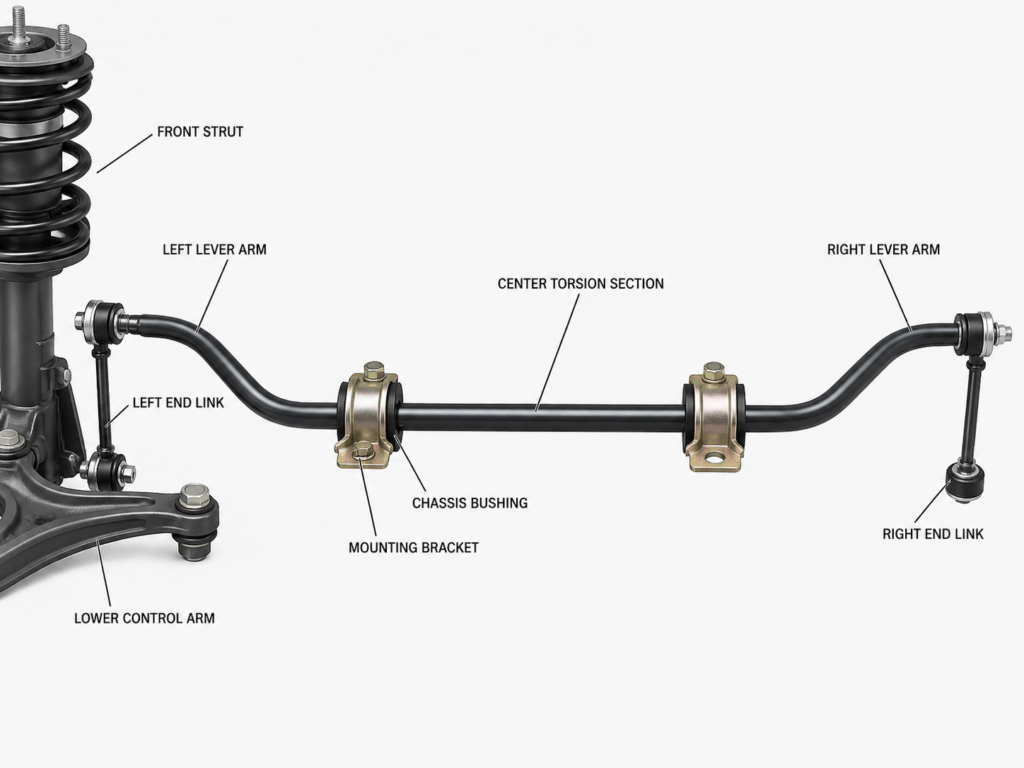 Labeled sway bar assembly with bushings, brackets, end links, and control arm connection
