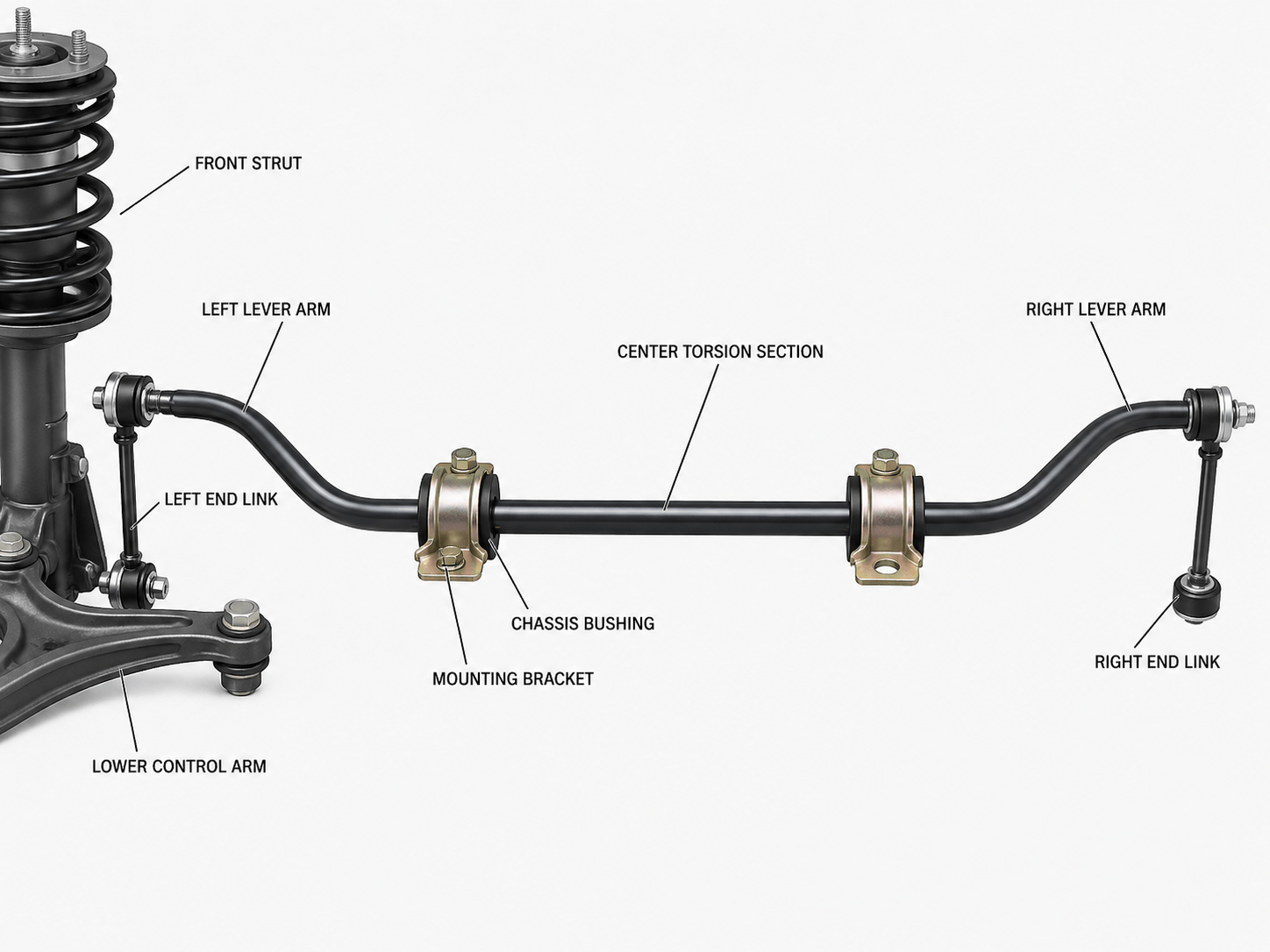 Labeled sway bar assembly with bushings, brackets, end links, and control arm connection