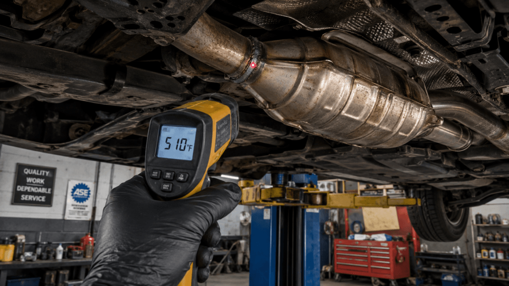 Mechanic checking catalytic converter temperature with an infrared thermometer reading 510°F