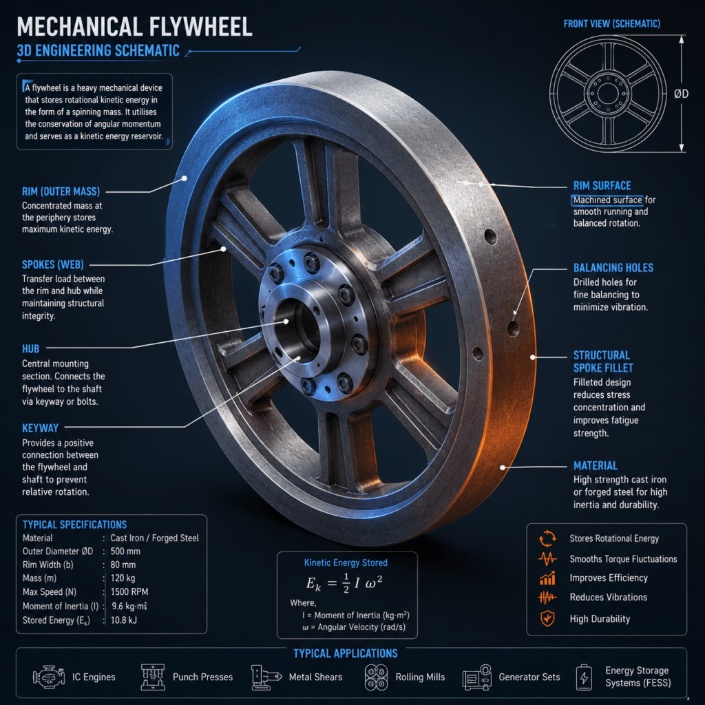 What is a flywheel engineering diagram showing the heavy outer rim, structural spokes, central hub, keyway and balancing holes.