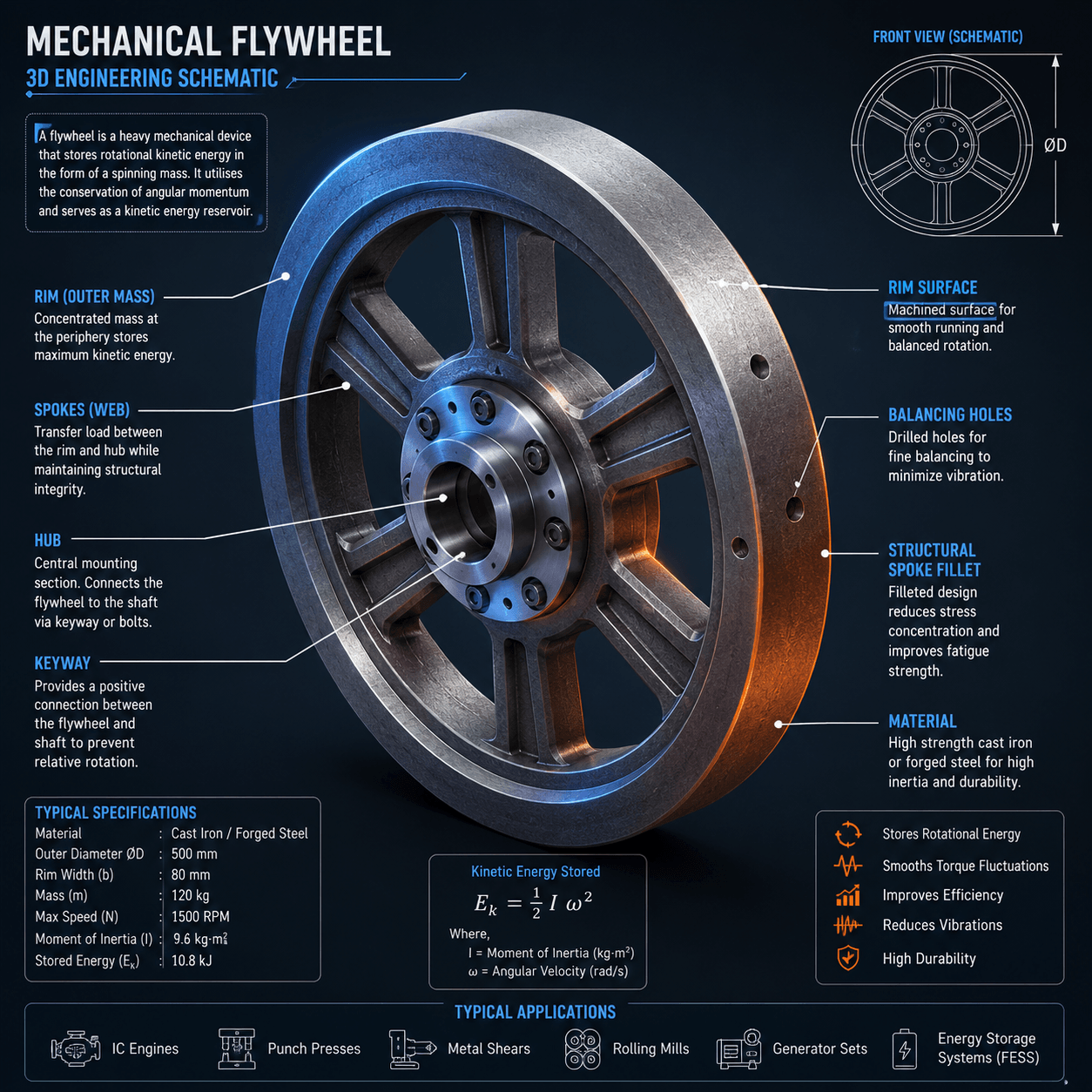 What is a flywheel engineering diagram showing the heavy outer rim, structural spokes, central hub, keyway and balancing holes.