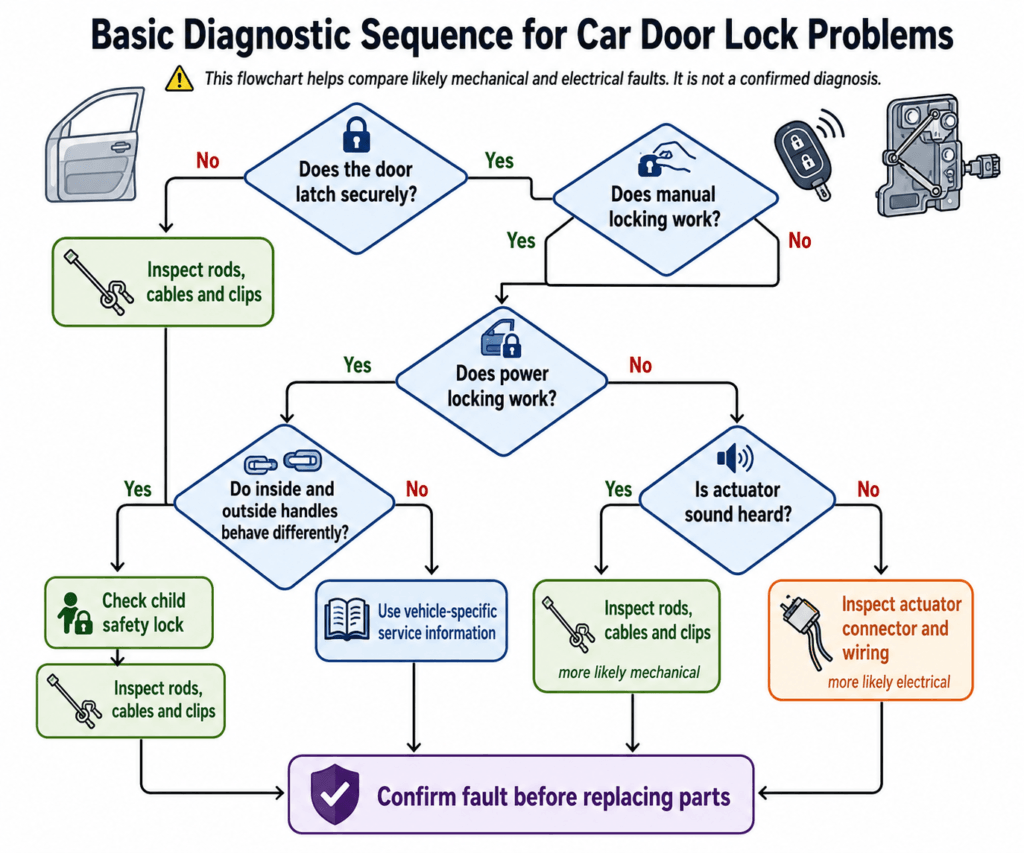 Car door lock diagnostic flowchart comparing manual locking, power locking, handle operation and latch condition