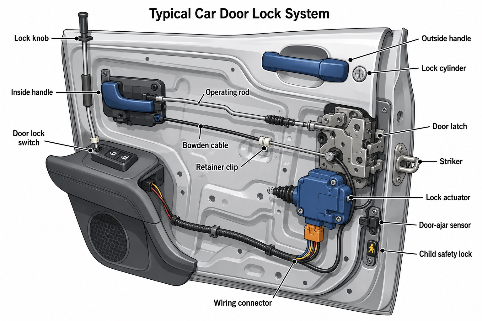 Labeled car door lock parts diagram showing the latch, striker, actuator, lock cylinder, rods, cables, handles and wiring