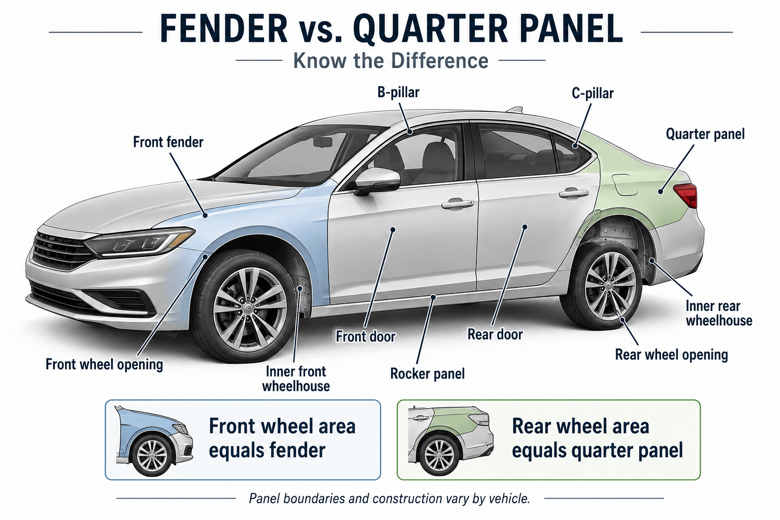 Fender vs quarter panel diagram showing the front fender around the front wheel and the quarter panel around the rear wheel