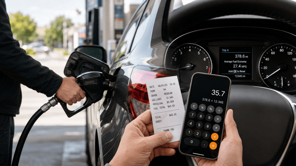 Driver calculating fuel mileage using a fuel receipt and smartphone at a gas station