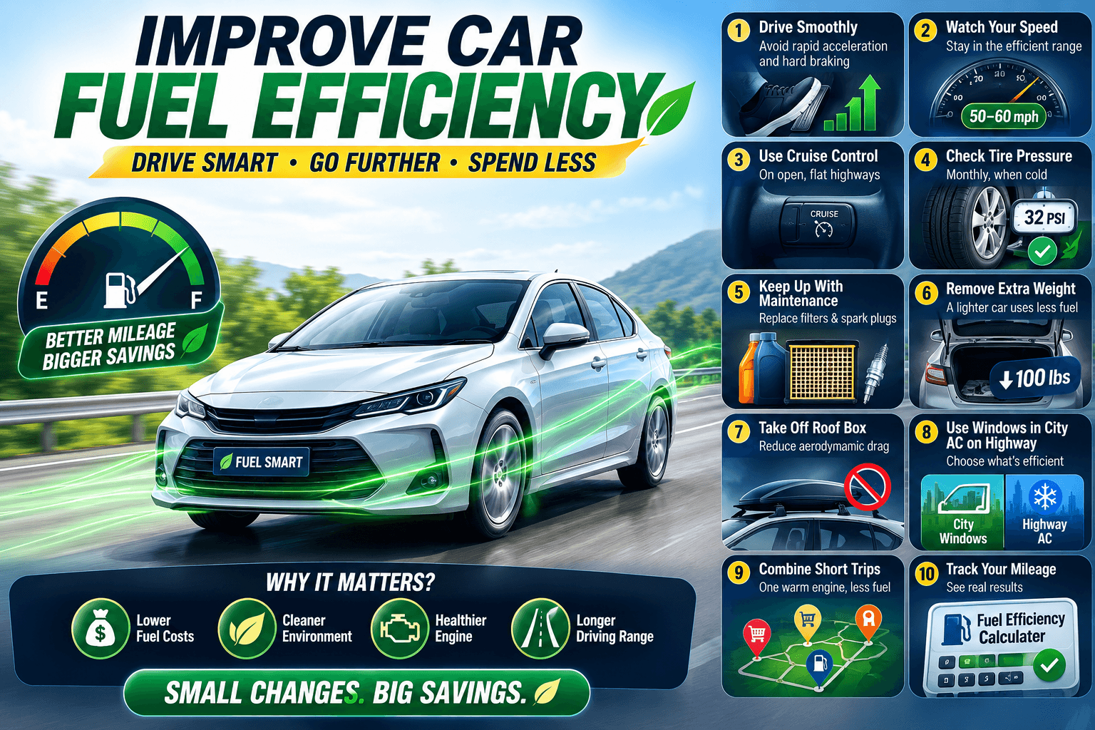 How to improve car fuel efficiency with smooth driving, correct tire pressure, regular maintenance and reduced vehicle weight