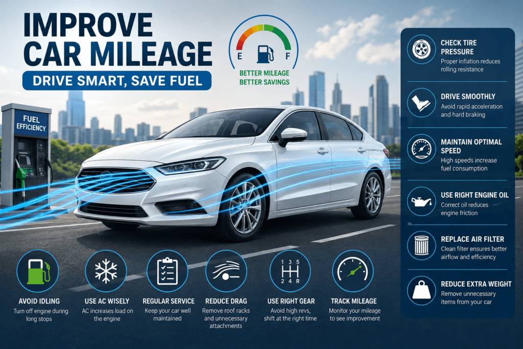 How to improve car mileage with tire pressure checks, smooth driving, correct engine oil, regular servicing and reduced vehicle weight