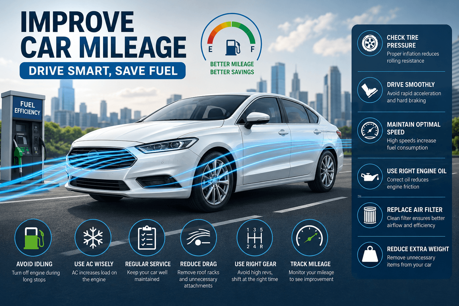 How to improve car mileage with tire pressure checks, smooth driving, correct engine oil, regular servicing and reduced vehicle weight